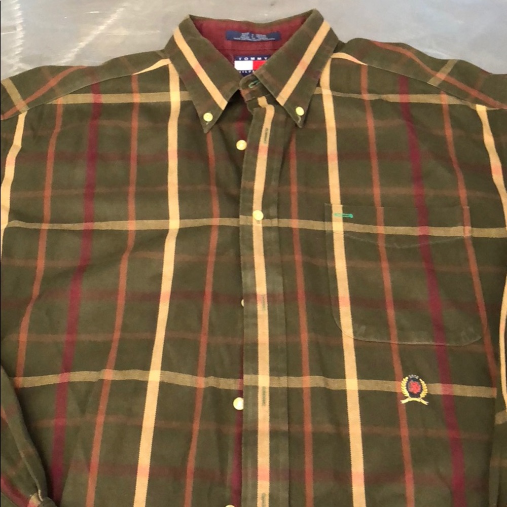 Tommy Hilfiger Shirt Plaid Button Up Long Sleeve Green Tan Mens Large EUC